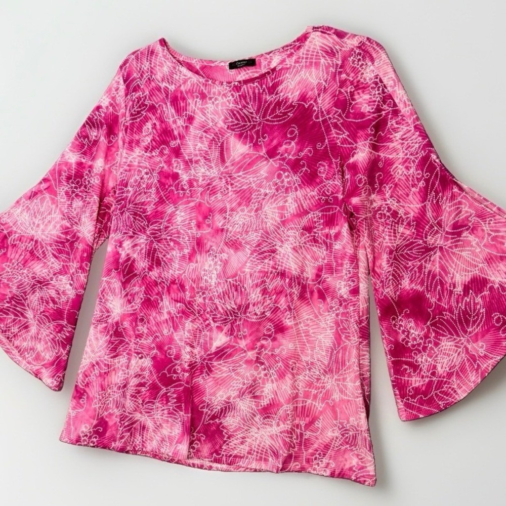 Cocomo Woman Top Womens 2X (18W-20W) Pink Bell Sleeve Tie Dye Floral Boho Blouse